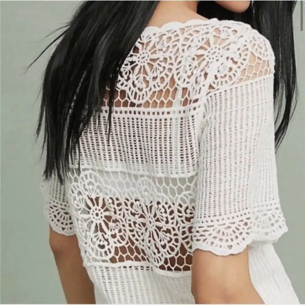 James Coviello Anthropologie Crochet Lace Top Boho Ivory Size L